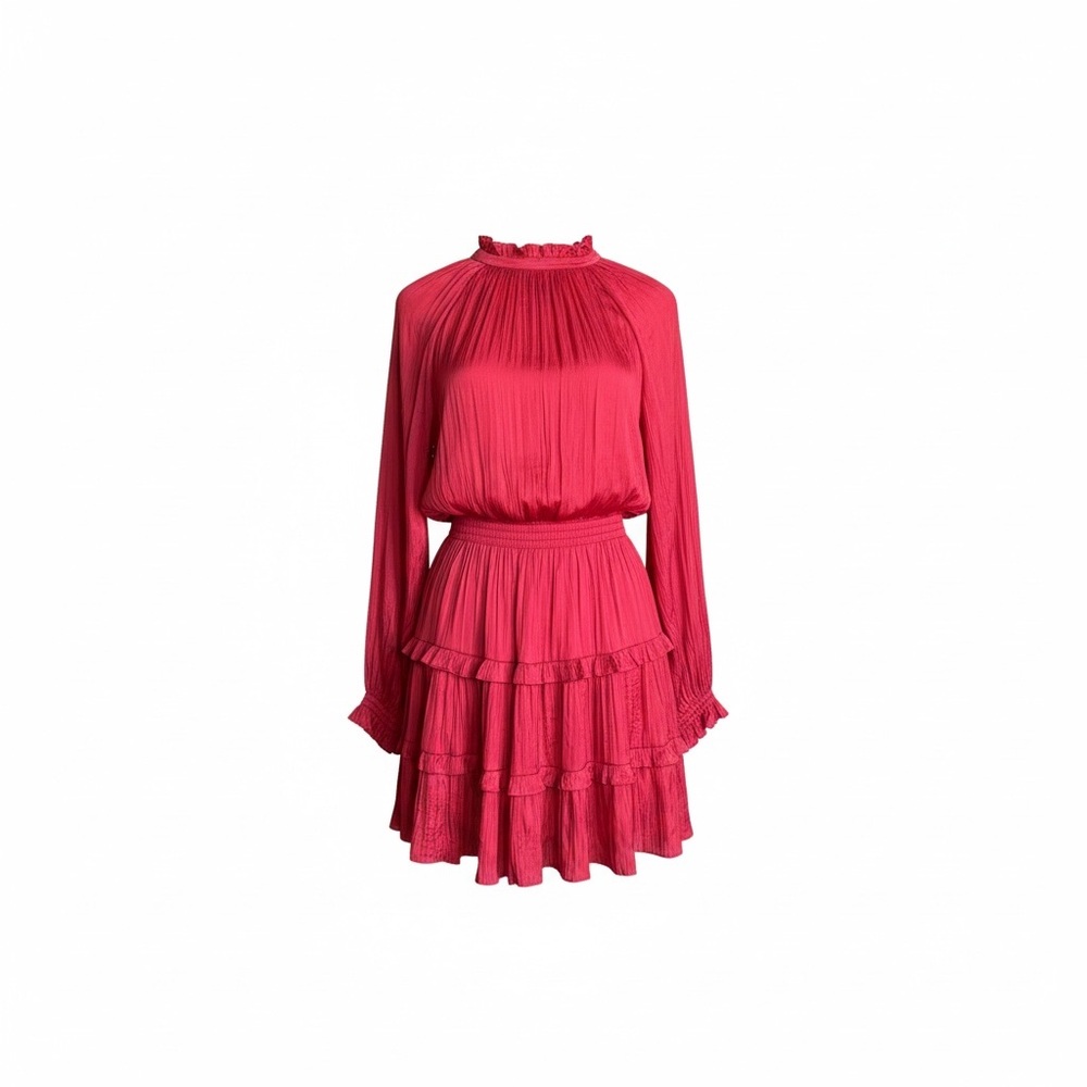 Maje Red Mini Dress | Smocked Waist |Long Sleeve | Tiered Skirt | Size 36 US S - Picture 4 of 6